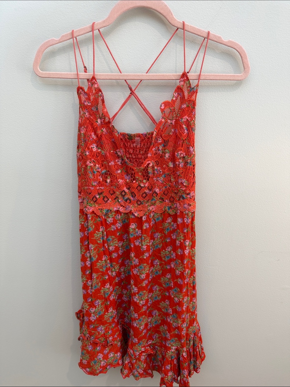 Free People Red Floral Lace-Trim Chemise Slip